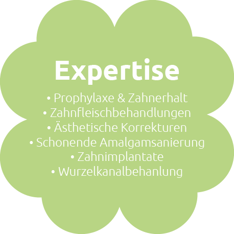 Expertise: Prophylaxe & Zahnerhalt, Zahnfleischbehandlungen, Ästhetische Korrekturen, Schonende Amalgamsanierung, Zahnimplantate, Wurzelkanalbehandlung